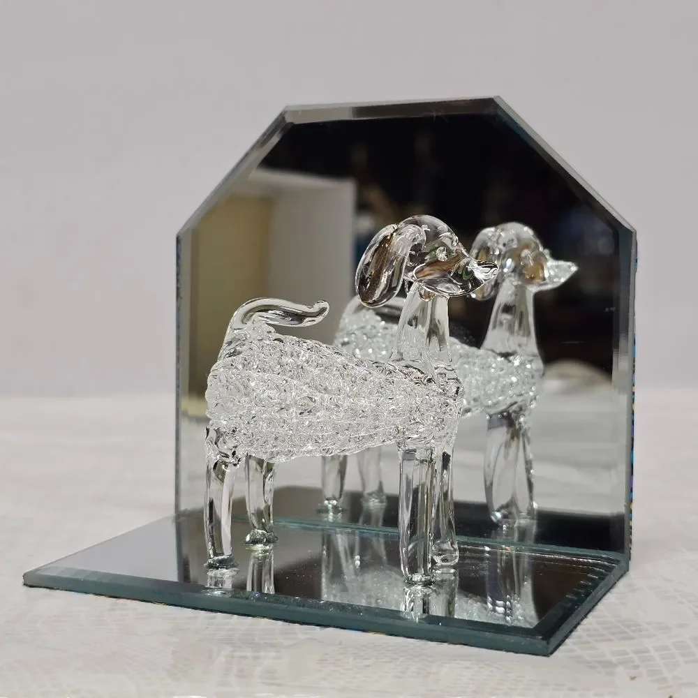 Spun Glass Poodle Dog Figurine On Mirror Stand NEW